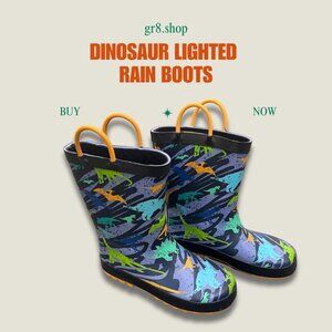 Dinosaur Lighted Rain Boots Kids Size 1 With Easy Pull Handles & Non-Slip Soles